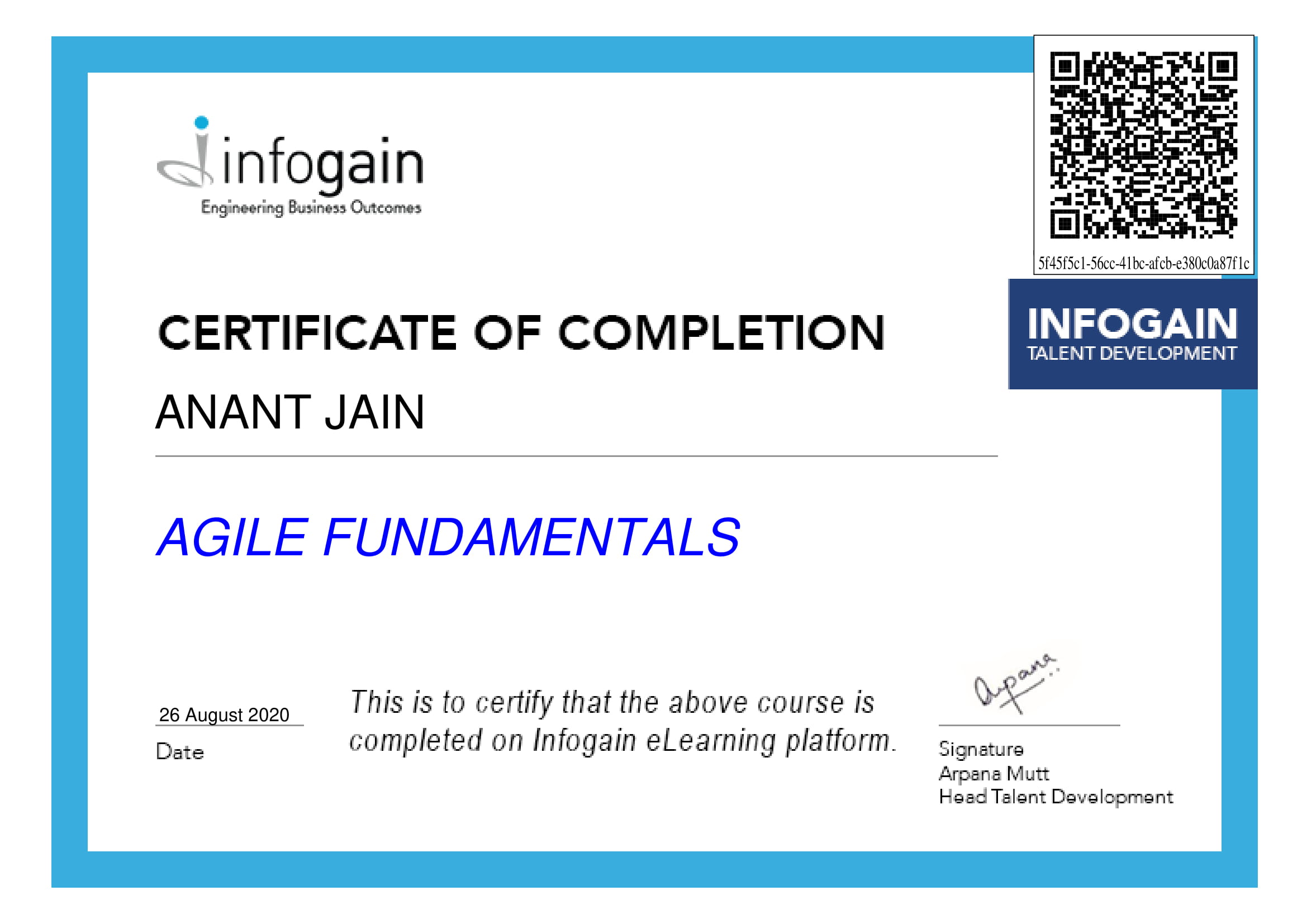 Infogain Certificate of completion Agile Fundamentals