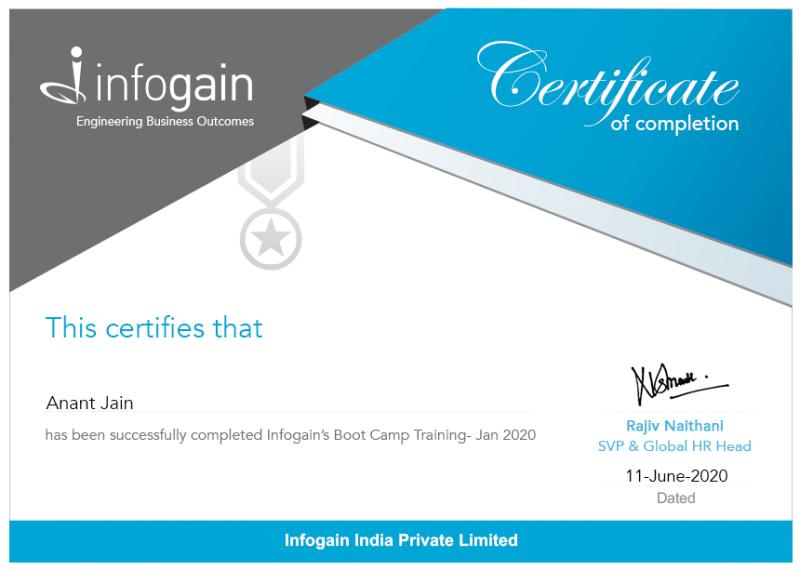 Completed Infogain Boot Camp Training Jan 2020