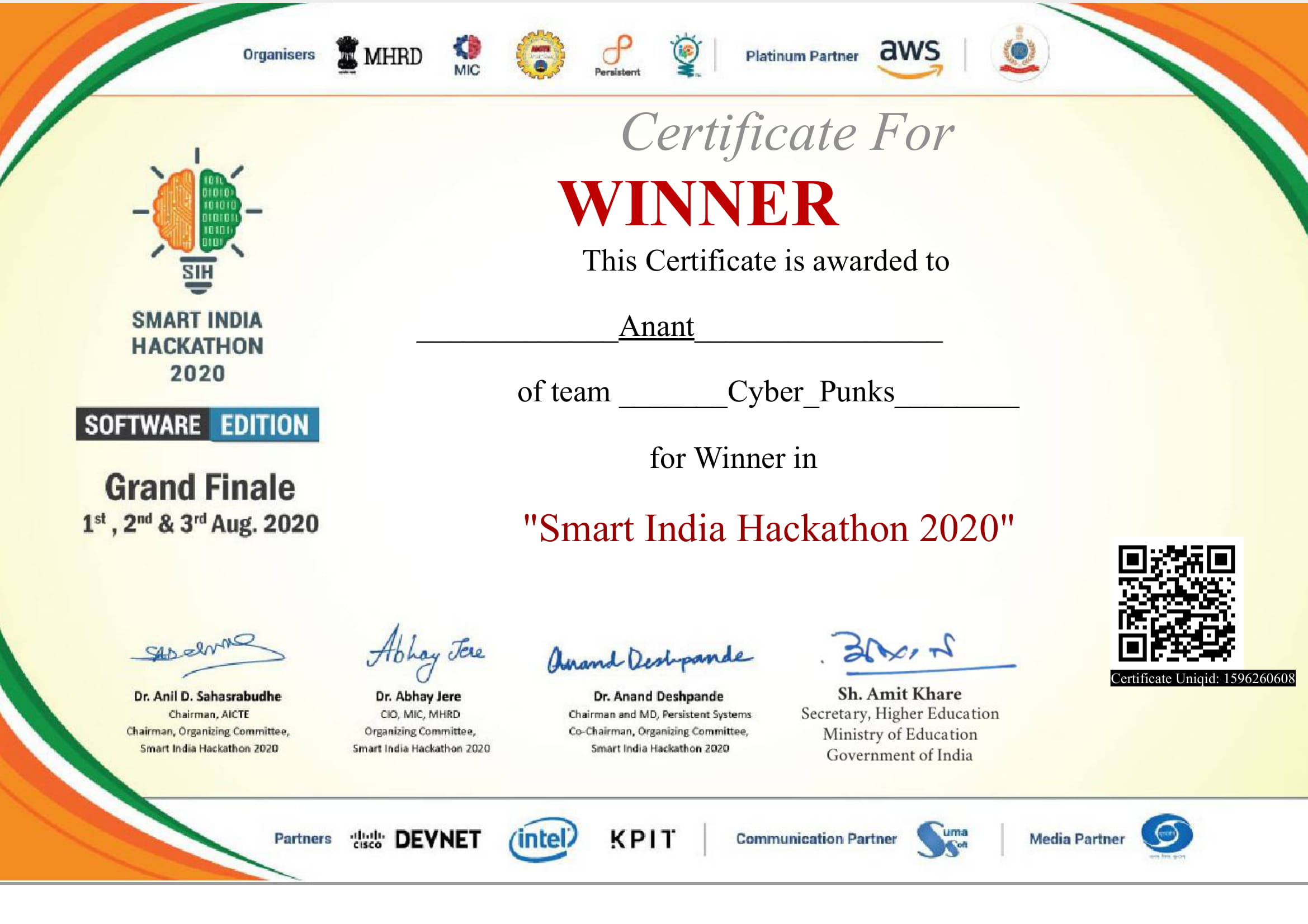 Smart India Hackathon 2020 Winner